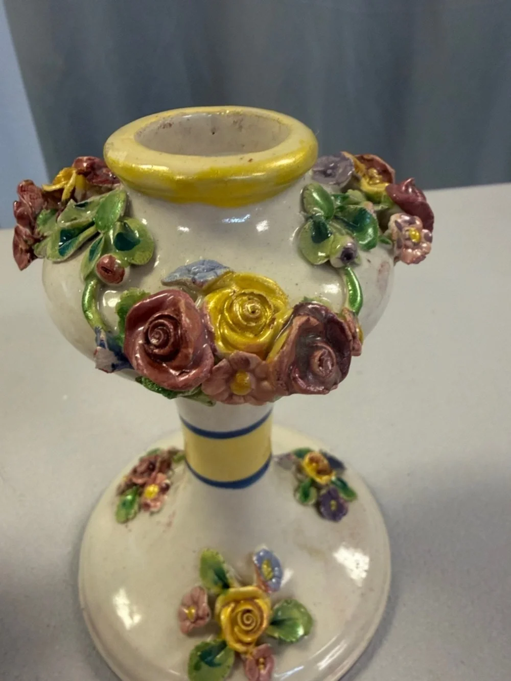 Vintage made in Italy White Ceramic Floral Candlestick with Yellow Accents